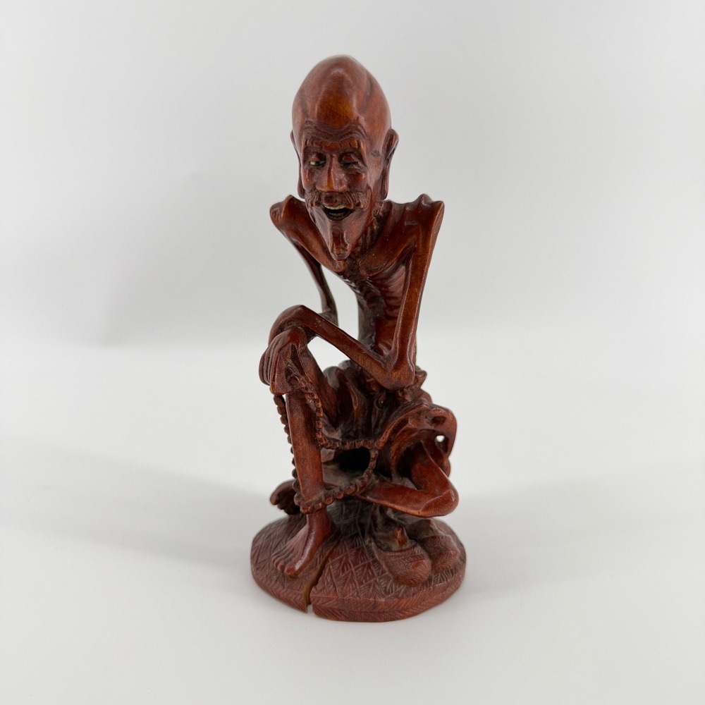 Vintage Hand Carved Wood Lohan Immortal Figure Laughing Old Man Sculpture 6.25"